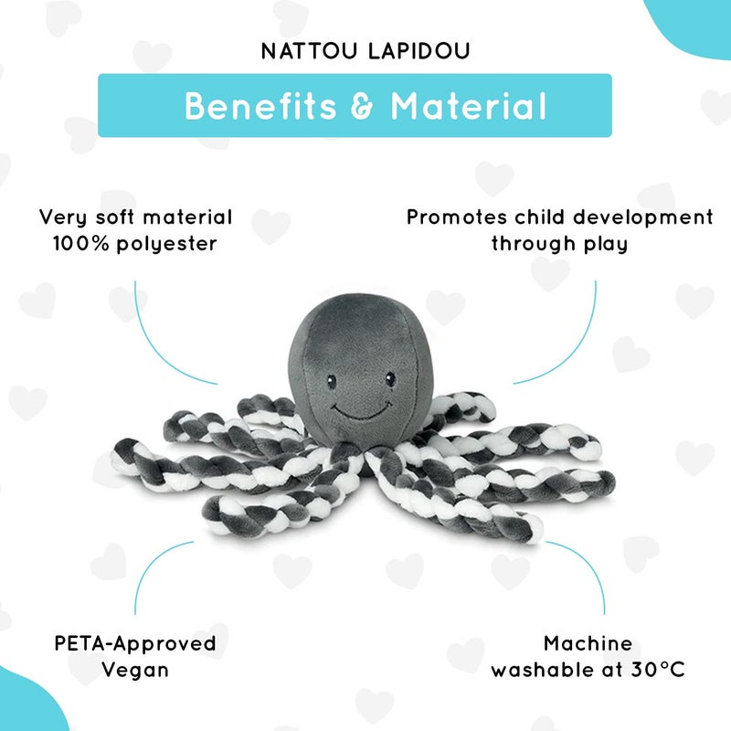 Nattou Lapidou - Piu Piu Octopus Plush Toy for Newborn Babies  Comforting  Soothes for Sleep - Grey & White - Image 2